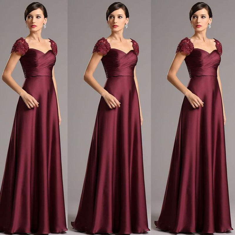 

Modest Long Formal Maroon Mother of the Bride Dresses Ruched Sweetheart Lace Appliqued Cap Sleeves Floor Length Mother's Party Gowns