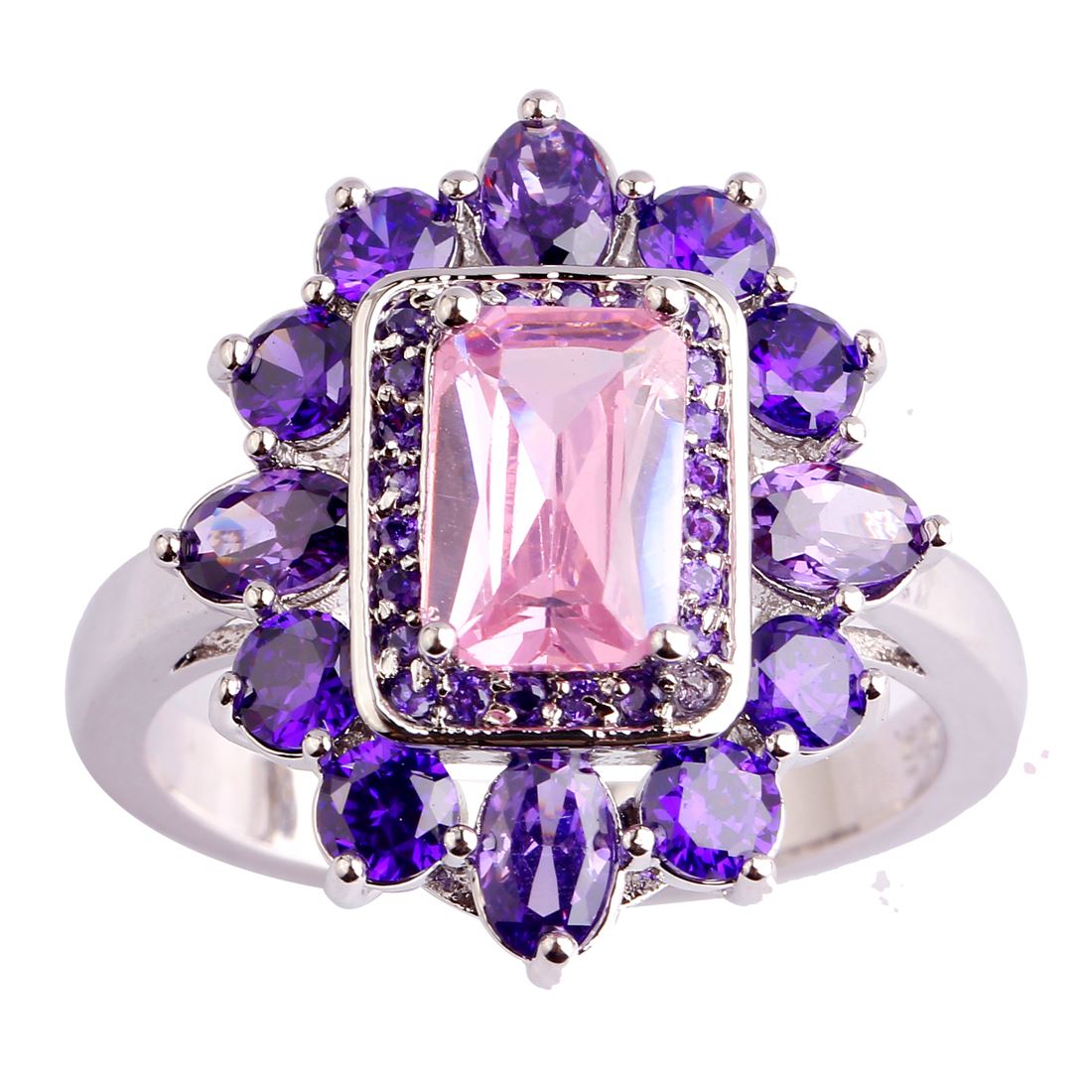 

Wholesale Handmade Women Gems Rings Free Shipping 18K White Gold Plated Silver Ring Size 9 Lab Pink Topaz Amethyst Jewelry
