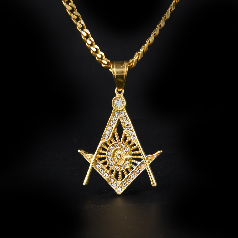 

Hip Hop Gold Plated Masonic Charm Pendant Iced Out Crystal Stainless Steel Silver Tone Freemason Pendant Necklace Collar Chain