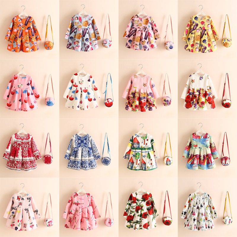 

16 Designs Girls' Flora Flax Dresses Buns Asymmetrical Cartoon Perfume Bottle Pink Girls Underglaze Blue Painting Printed Kids Summer Skirts