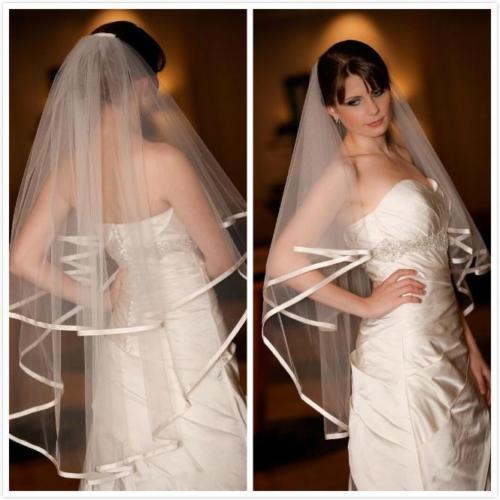 

Top Quality Best Sale Cheap Romantic Fashion Designer Wedding veil Fingertipe White Ivory Ribbon Edge veils For Wedding Dresses