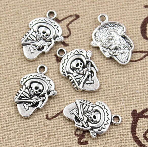 

200Pcs Tibetan Silver Sombrero skull guitar Pendant Charms For Jewelry Makings 22x15mm, Bronze;silver
