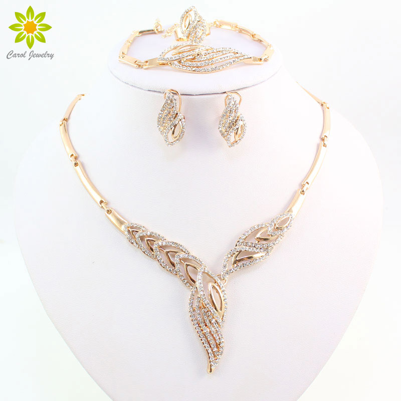 Nouveauté mode 18K plaqué or cristal clair collier Bracelet boucles d'oreilles bague de mariage ensembles de bijoux africains