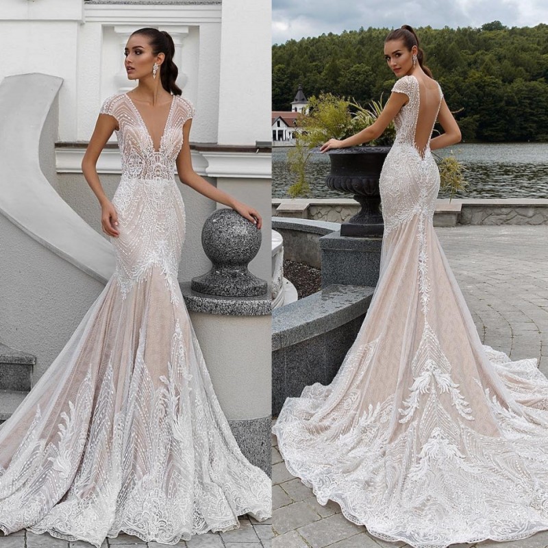 

Elegant Mermaid Wedding Dress V Neck Cap Sleeves Full Lace Appliqued Backless Sweep Train Sheer Beach High Quality Bridal Gowns, Silver