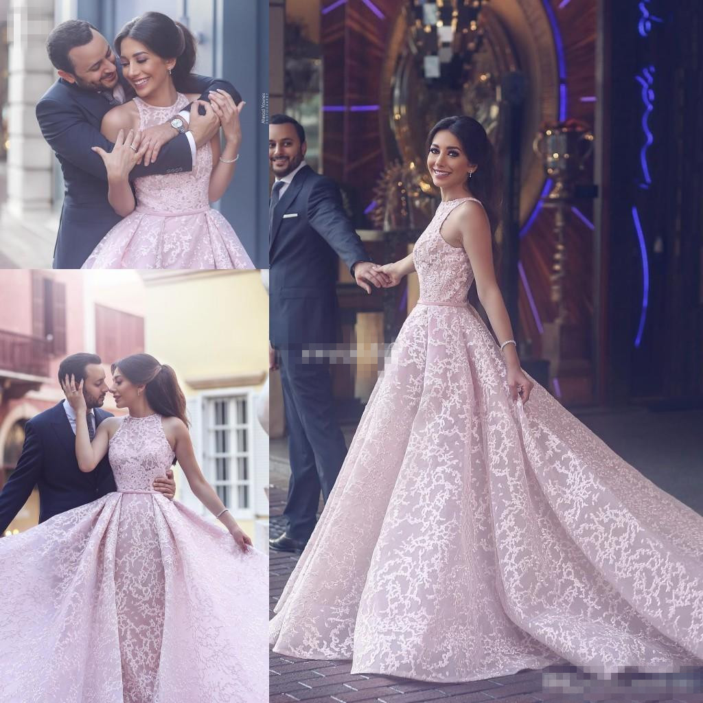 Pink Sweety Formal Evening Dresses Lace High Collar A Line Sleeveless Tulle 2019 Cheap Sweep Train New Style Prom Dresses