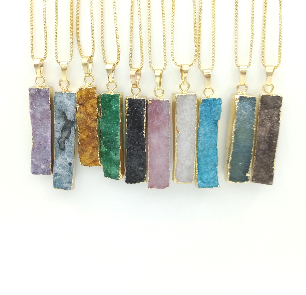 

JLN Geode Druzy Agate Necklace Long Bar Rectangle Genuine Quartz Stone Natural Pendant With Brass Chain Jewelry For Women