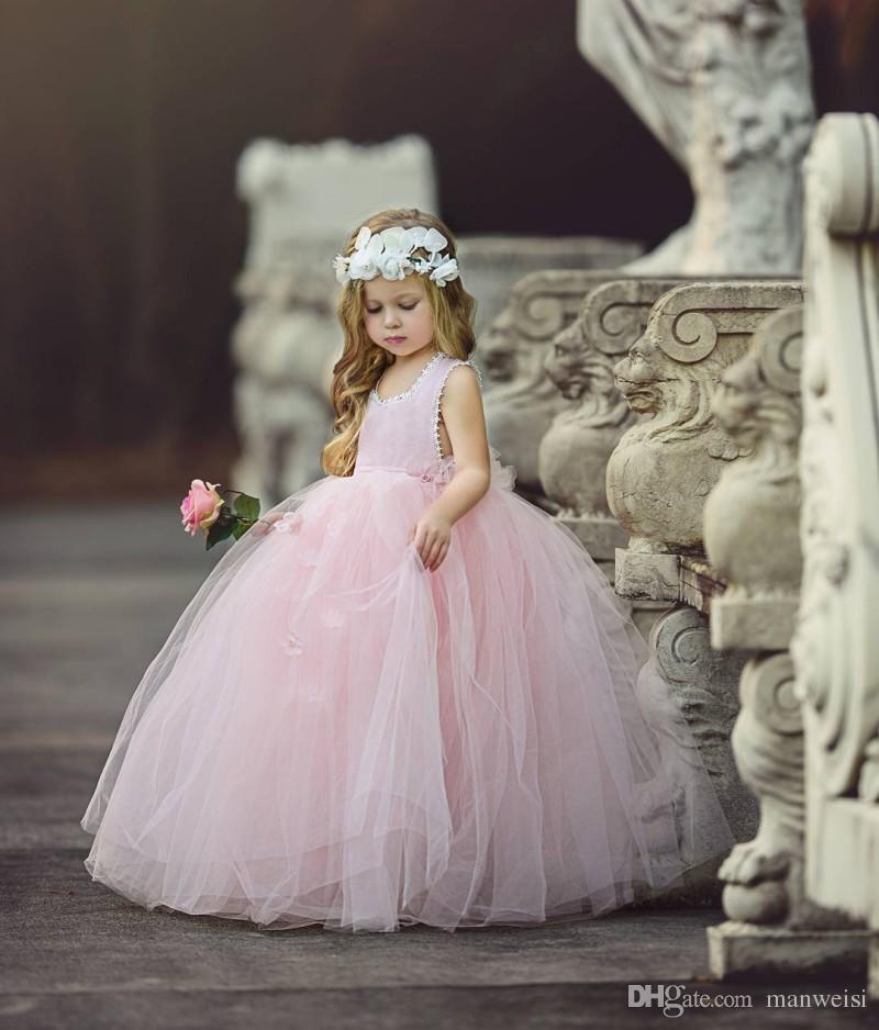 

Cheap Pink Flower Girls' Dresses For Wedding Ball Gown Tutu Boho Kids Formal Wear Sleeveless Long Beach Girl's Pageant Gowns, Brown