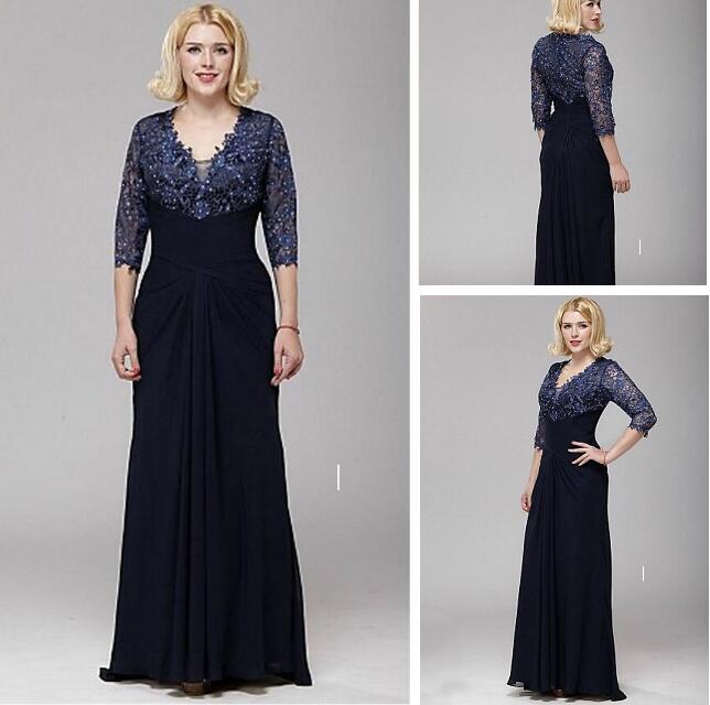 

Hot Drilling Sheath V-neck A-line Lace and Chiffon Mother of the Bride Dress 3/4 Sleeve Floor Length Mother's Dresses
