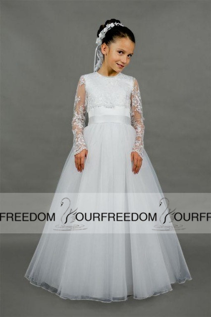 

2019 long white lace first holy communion dresses ivory long sleeve a-line flower girl dresses floor length primera comunion, Burgundy