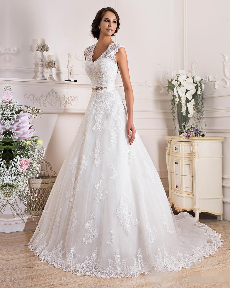 

Wholesale Lace Wedding Dresses New Design 2019 Elegant Lace Wedding Dress White Satin Tulle V-Neck Hollow Back A-Line Wedding Dresses, Silver