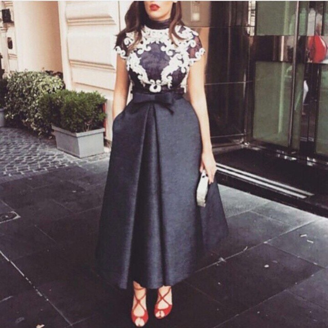 

High Neck Black Satin Prom Dresses Gowns Tea-Length White Lace Evening Dresses with Pockets African Formal Gowns robe de soiree, Light sky blue