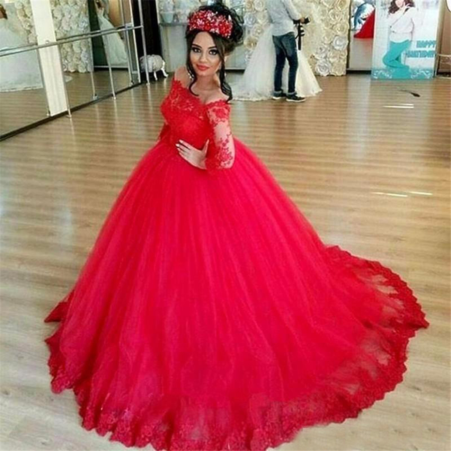 

Off the Shoulder Long Sleeves Red Quinceanera Dresses Ball Gowns Reals Sexy 16 Dress Applique Lace Corset Party Gowns, White