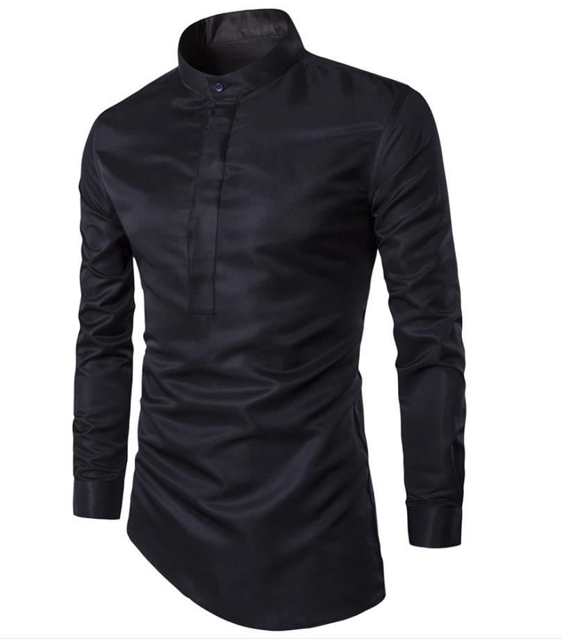 

Shirt Men 2018 Pullover Stand Collar Single Breasted Asymmetric Shirt Of Man Long Sleeve Solid Color Incline Hem Design Slim Fit Free Ship, White