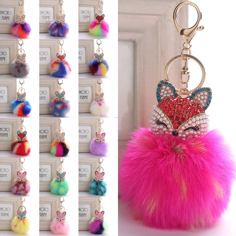 Portachiavi con testa di volpe e pendente con perline in strass e perla in strass Portachiavi con testa di volpe e pendente con perline in strass e perla in strass