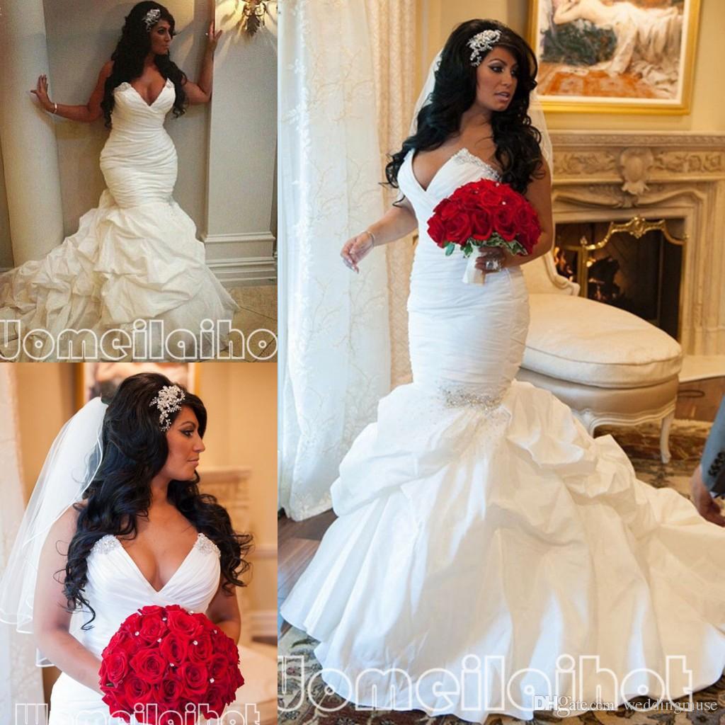 2021 Robes nuptiales Sexy Plus Taille Mermaid Robes De Mariée Sweeetheart avec cristaux Strass fabriqué sur mesure Robe de mariée drapée en taffe