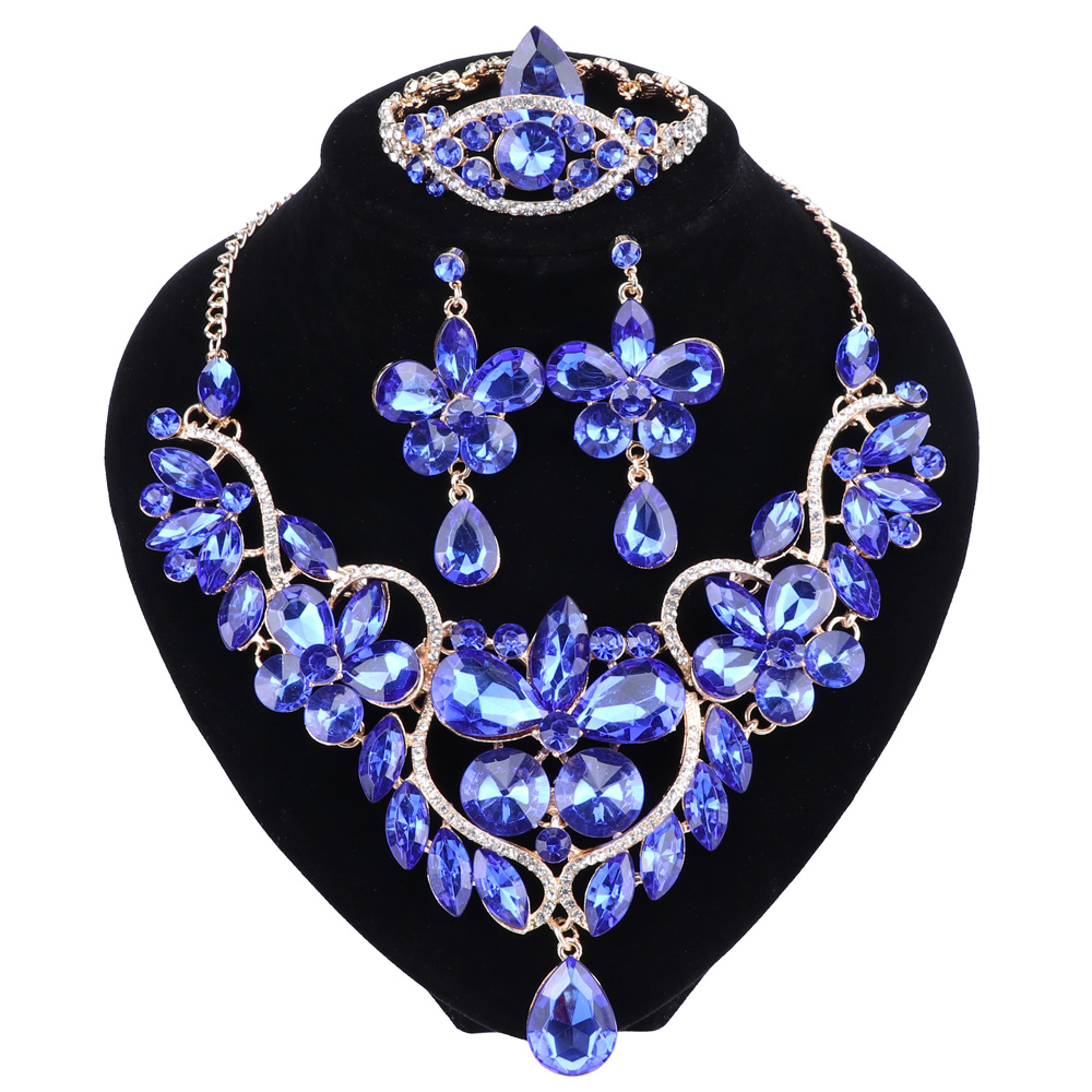 

The New Blue Crystal Rhinestone Flower Necklace Earrings Set for Women Wedding Luxury Bridal Jewelry sets