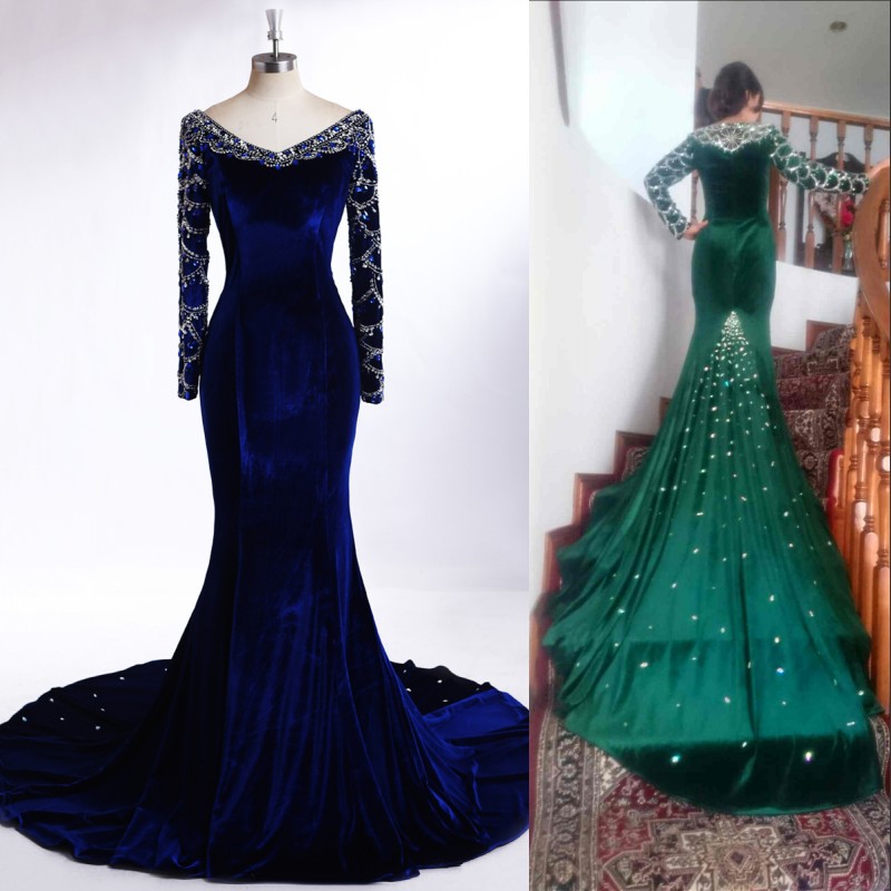 

Modest Royal Blue Velvet Evening Prom Dress 2018 Mermaid Long Cheap With Sleeves Rhinestones Sweep Train Pageant Dresses Formal Gown, Gold