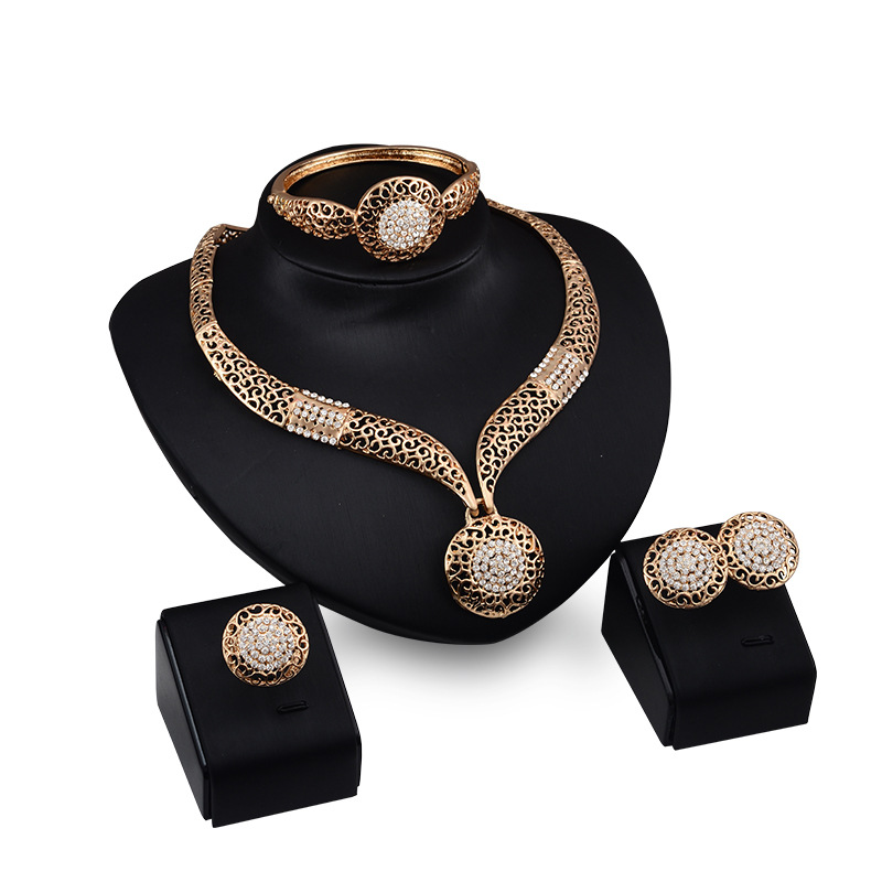 

Fashion exaggeration Crystal Rhinestone CZ Necklace Earrings Rings Bracelets Jewelry Sets Wedding party Accessories Bridal Jewelry Set HJ136, Gold