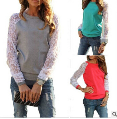 

Wholesale-Women Clothes Casual Fashion Lace Patchwork Hoodies Long Sleeved Tops Blouses Sports Wear Plus Size Multi Colors Free Shipping, Purple