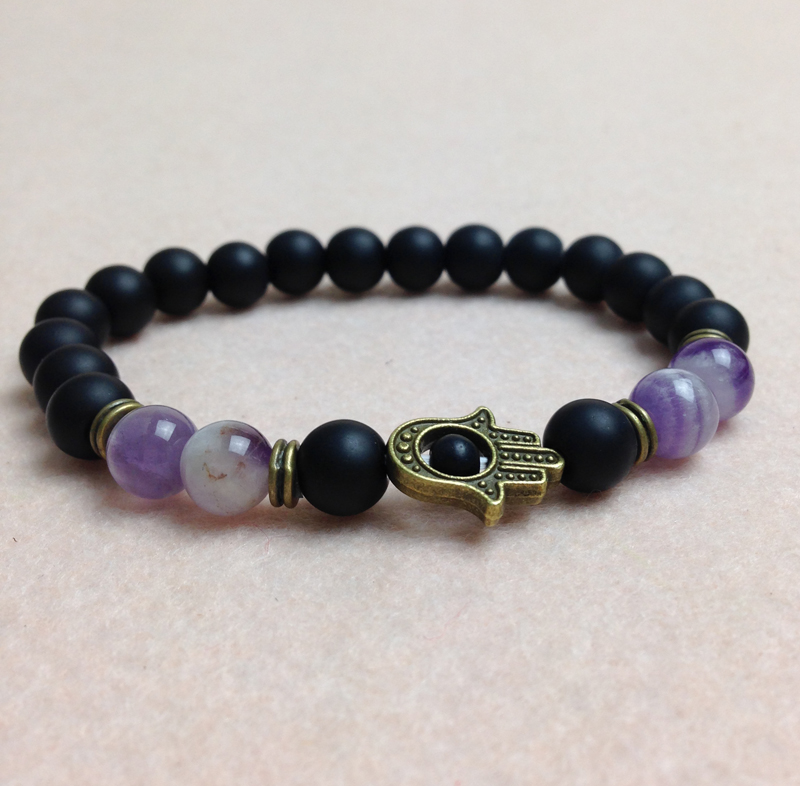 

SN0440 8mm Black Matte Onyx Bracelet For Men Antique Bronze Hamsa Charms bracelets Amethyst crystal bracelet