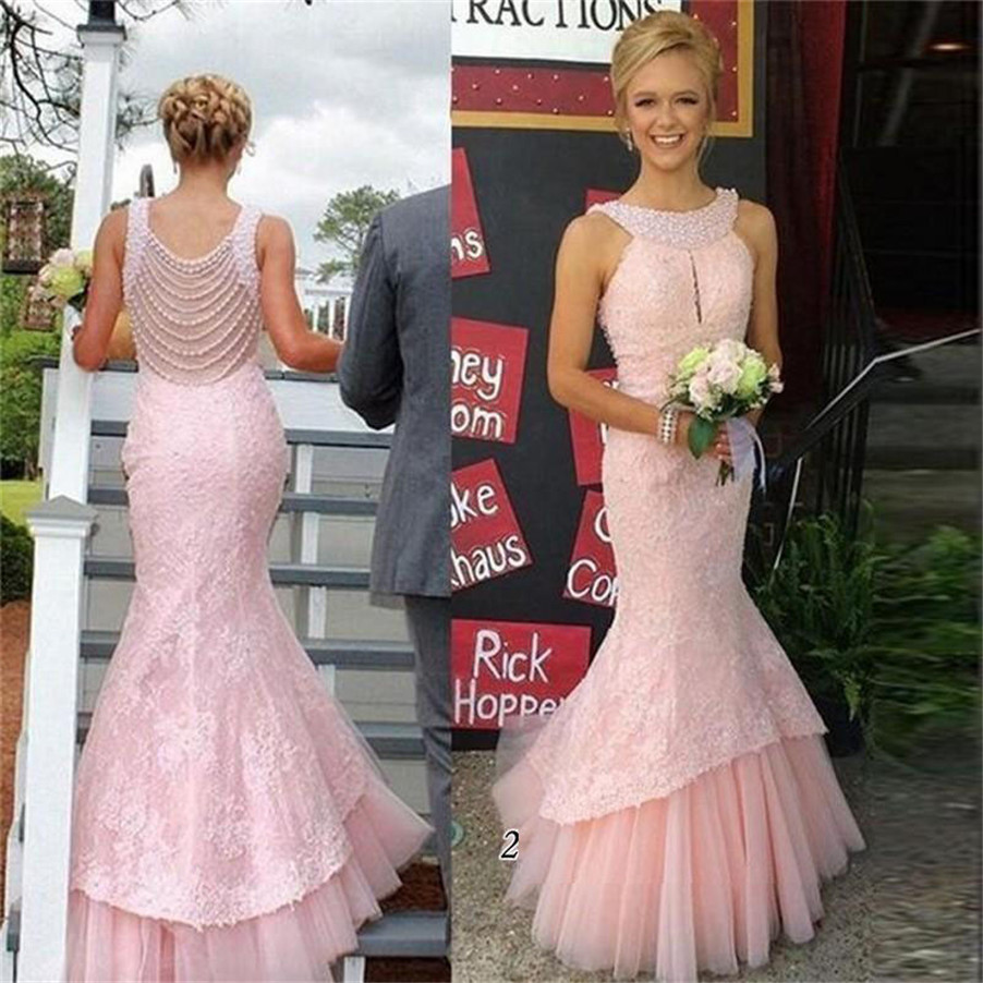 

Sleeveless Pink Pearls Newest Mermaid Long Lace Prom Dress with Crystals Sexy Customized Made Illusion Back Evening Dress vestido longo fest, Same as image