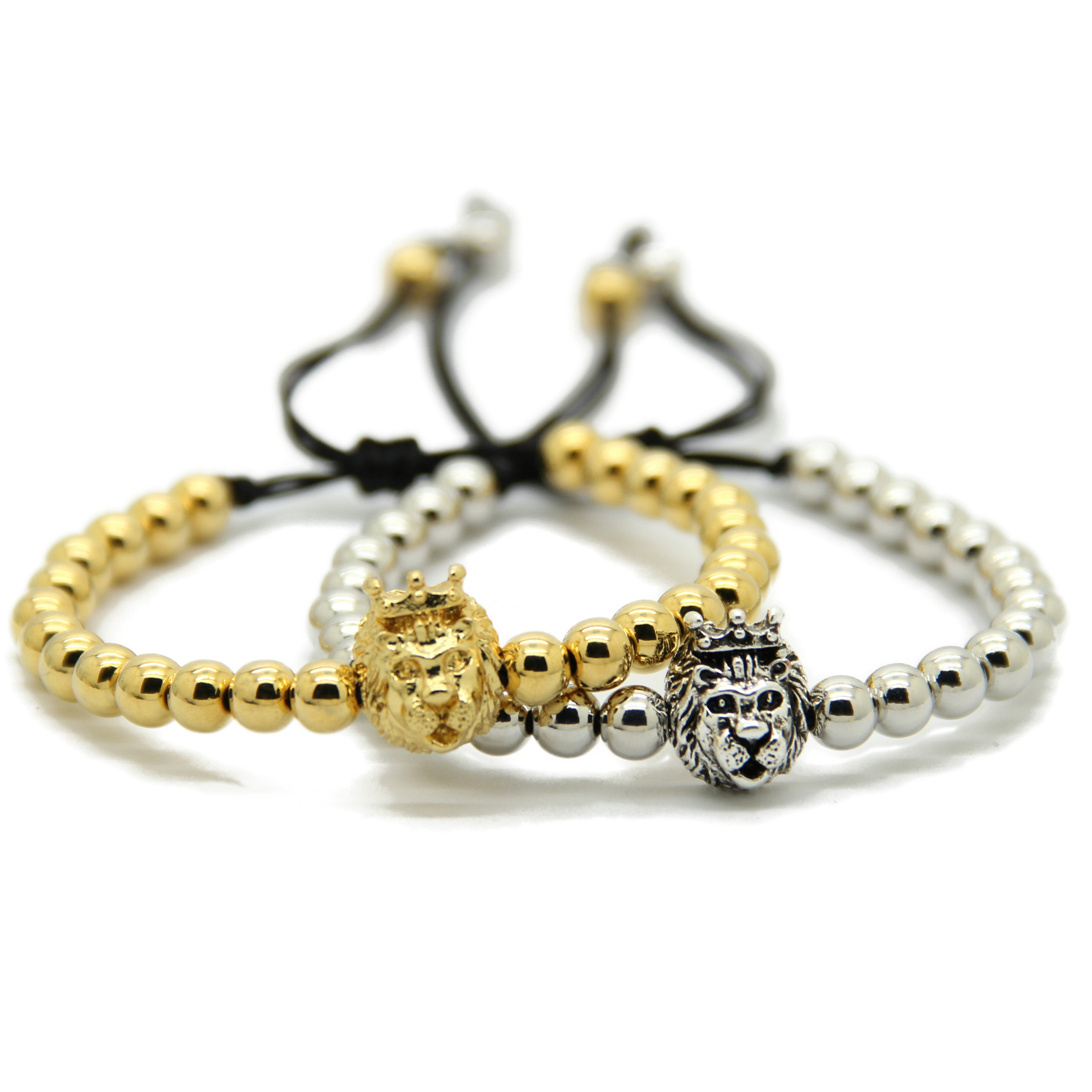 

2016 New Design 6mm Real gold Plated Round beads Gold and Silver Lion King Head Braiding Macrame Mens Bracelets