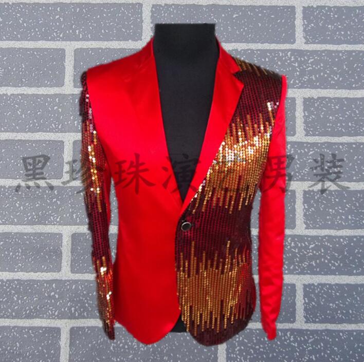 

Wholesale- Black red men suits designs masculino homme terno stage costumes for singers men sequin blazer dance clothes jacket style dress