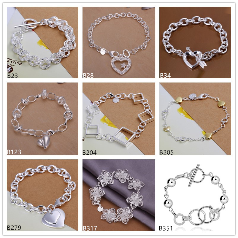 

mixed style hot sale women's sterling silver plated Bracelet,Three times Hanging small Heart Double Heart plate 925 silver Bracelet EMB7