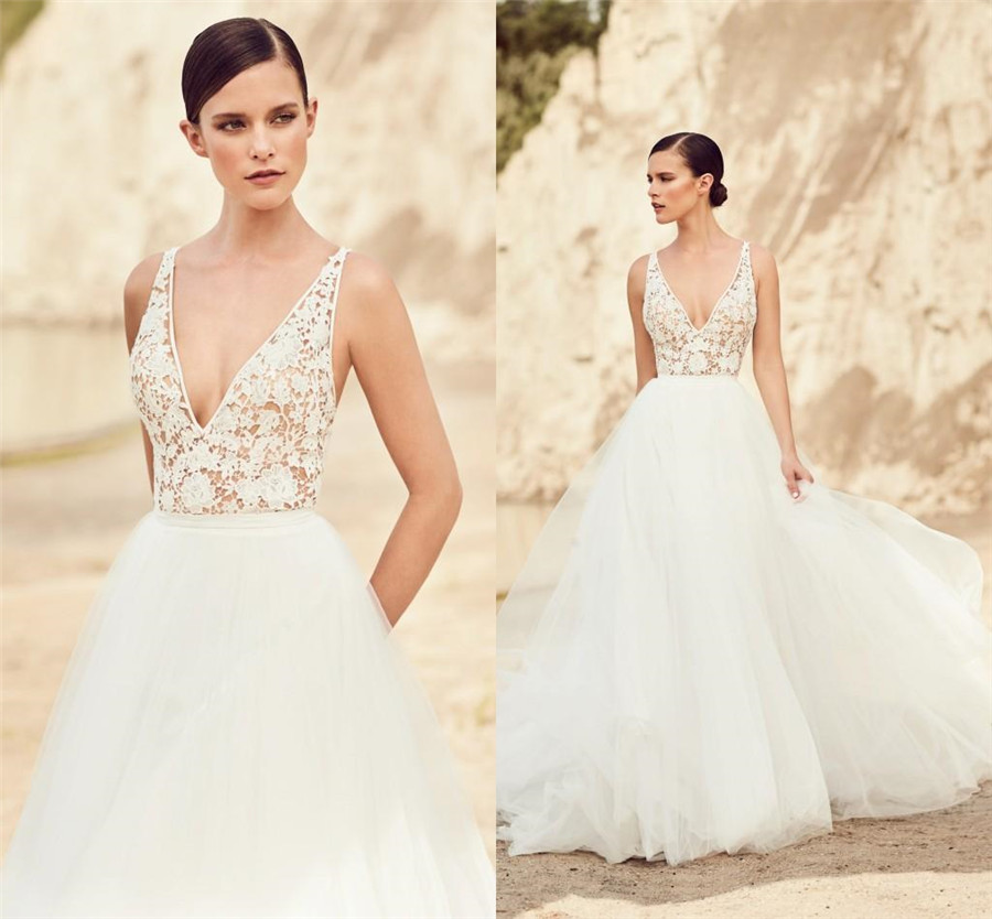 

Spaghetti A-line Tulle Bridal Dresses Sexy Vintage See Through Wedding Gowns Backless Beach Wedding Dresses vestidos de novia, Ivory