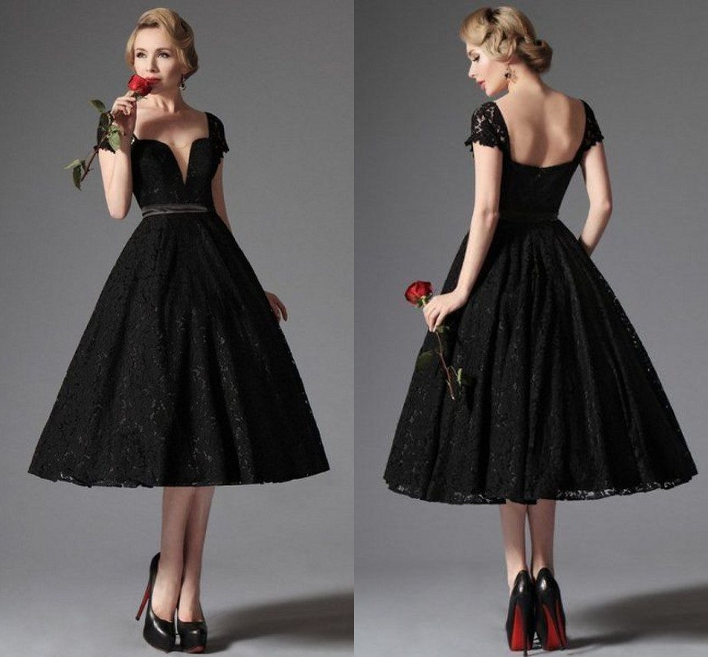 Elegant Black Cheap Prom Dresses Cap Sleeve Sexy A Line Lace Tea-Length Formal Cocktail Evening Dresses Custom Made-image-391665690