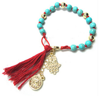 

Turquoise Beaded Bracelets Hamsa Hand Made For Women Turkey Charm Jewelry Braided High Quality New Free Shipping