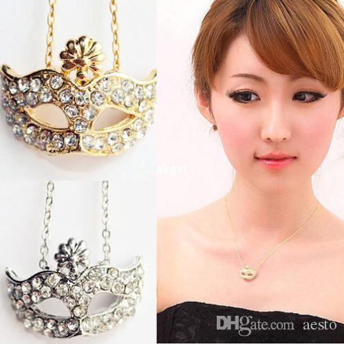 

Wholesale -Details about Fashion Fox Mask Flower Full Rhinestone Crystal Opera Masquerade Mask Necklace#H682