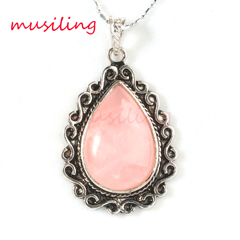 

Water Drop Natural Stone Pendants Necklace Chain Retro Antique Silver Plated Opal Amethyst etc Charms Amulet Classic Jewelry For Women