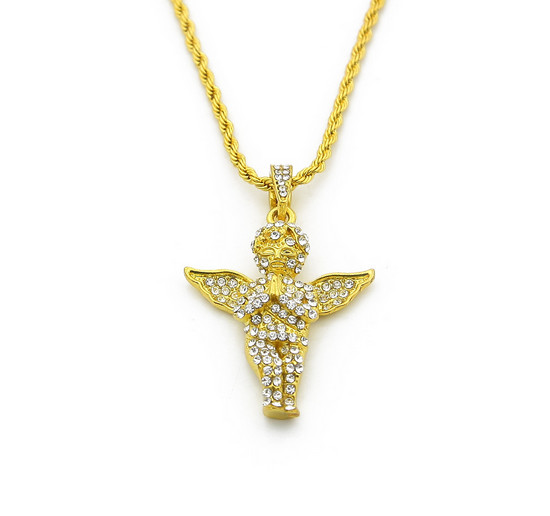 

Mens Vintage Angel Wing Pendant Rope Chain 18K Gold Plated Iced Out Necklace 24 Inch Long, Silver