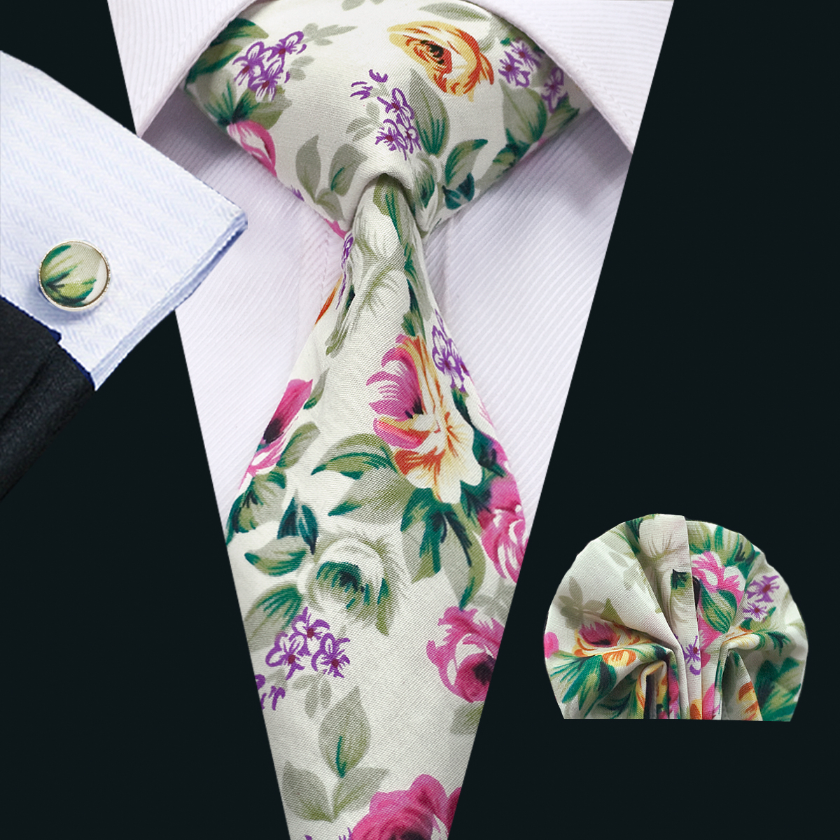 

Floral Neck Tie Sets for Men Classic Colorful Cotton Tie Sets Tie Hankerchief Cufflinks Sets Formal Business Wedding Party N-1329, Black;blue
