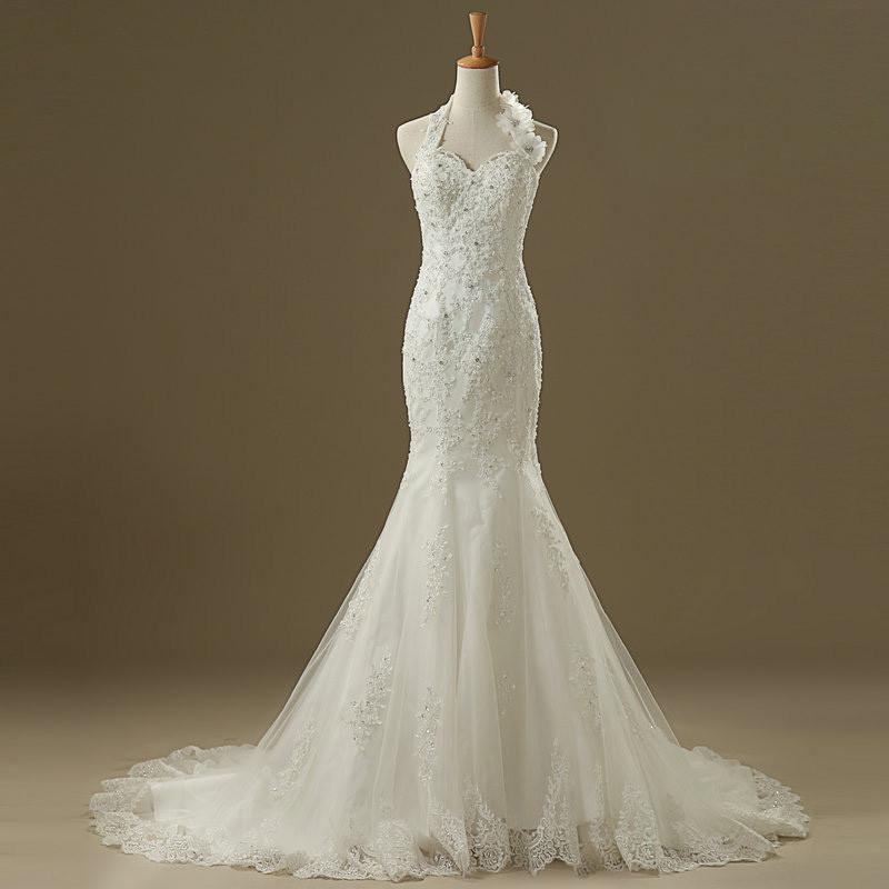 

2022 Halter Mermaid Lace Wedding Dresses Beaded Appliques 3D Flowers Lace up Court Train Bridal Wedding Gowns, Gold