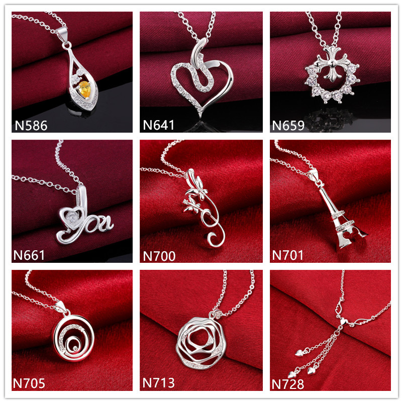 

Spiral flower shape 925 silver Necklace(with chain) 10 pieces a lot mixed style,women's gemstone sterling silver Pendant Necklace EMP10