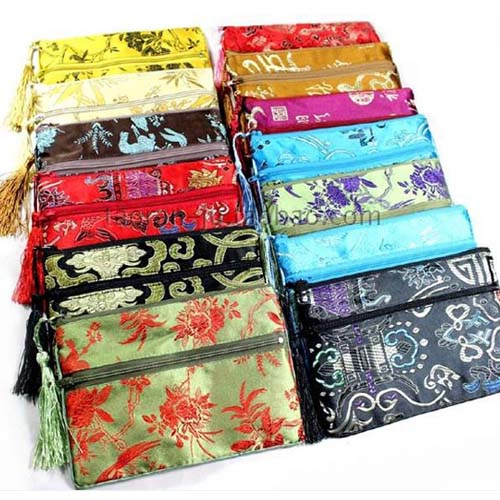 

Double Zipper zone Travel Jewelry Makeup Storage Bag Tassel Silk Brocade Coin Purse Money Wallet Cosmetic Packaging Pouch 50pcs/lot