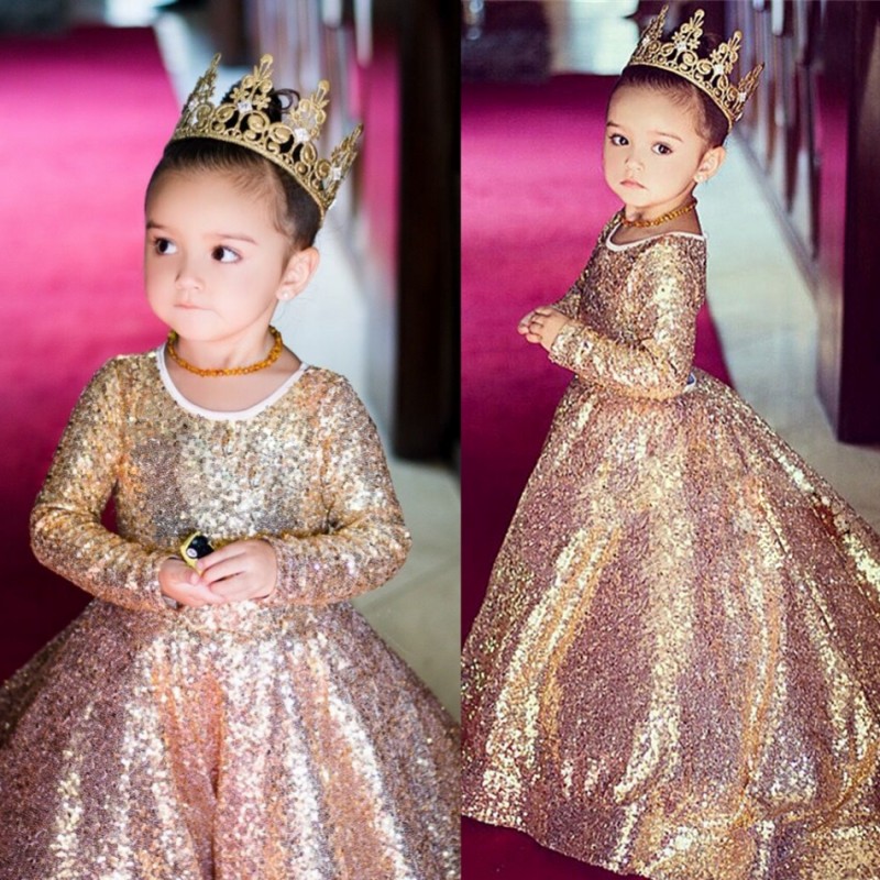 

Sparkly Sequined Girls Pageant Dress Rose Gold Ball Gown Flower Girl Dresses Long Sleeves Kid Wedding Gowns, Hunter