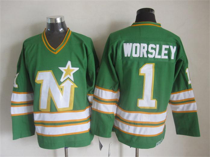 

Retro Dallas Stars Hockey Jersey 1 Gump Worsley Jersey Green Vintage CCM Authentic Stitched Jerseys