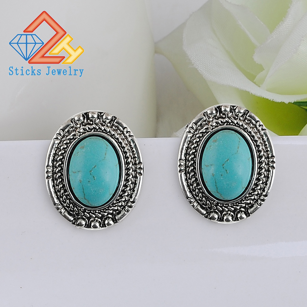

New Lady (1pair / lot) Oval Alloy Turquoise Earrings / Ear Needles Heavy Drop Shipping