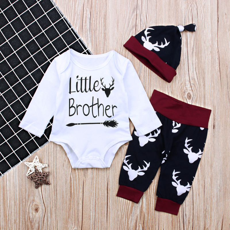 

Newborn Baby Boys Clothing Sets Little Brother Long Sleeve Bodysuit Romper Deer Pants Leggings Hat 3PCS Outfit Set 0-18M, As picture