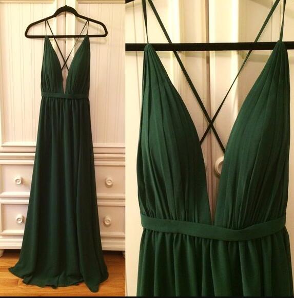 

Sexy Hunter Green Chiffon Boho Country Bridesmaid Dresses Long 2017 Real Photos Spaghetti Criss Cross Back Dresses Party Evening EN10279