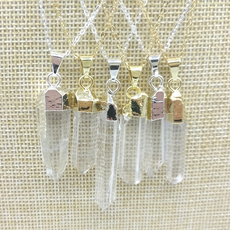 

JLN White Quartz Circular Column Pendant Free Size Natural Stone Gold Silver Plated Cap Necklace With Brass Chain Gift For Men And Women