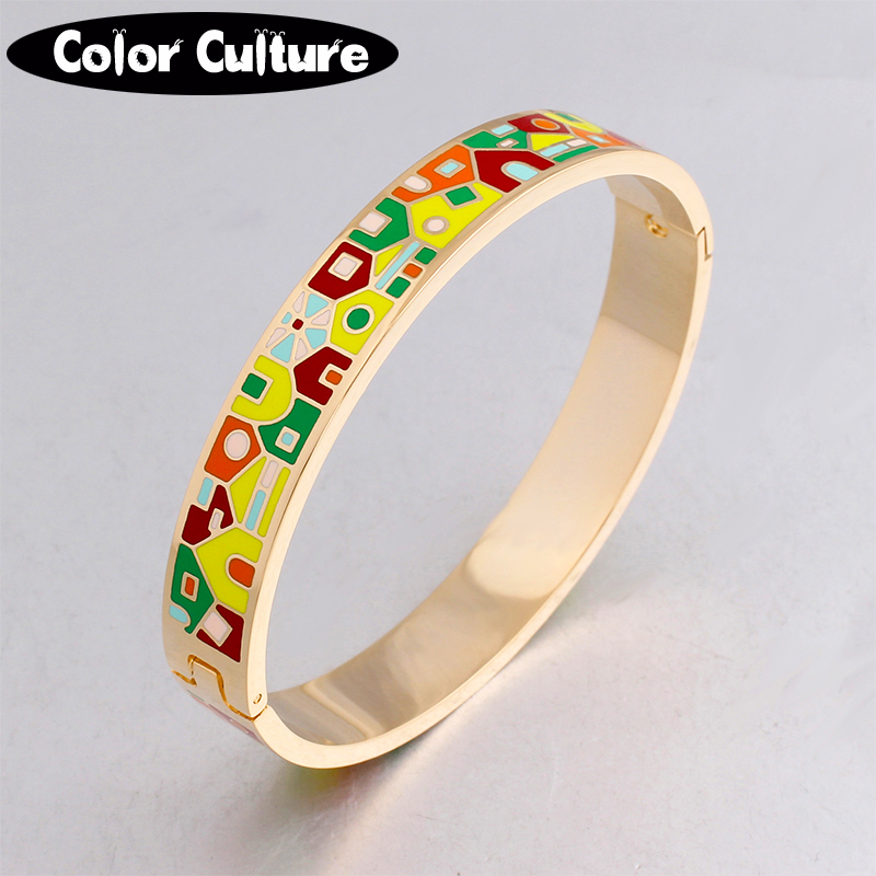 

New Fashion Stainless Steel Bangles Bracelet For Women Gold Couples Bangle Ethnic Colorful Enamel Christmas Gift, Black