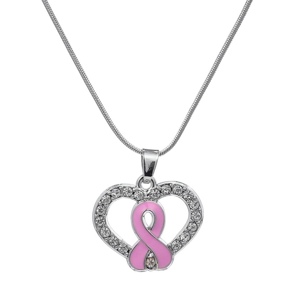 

Breast Cancer Awareness Pink Enamel Ribbon Bow Heart Necklace Pendant Charm