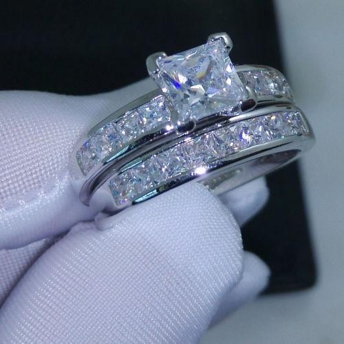 

Wholesale -free shipping real fine Jewelry 10kt white gold filled Topaz Princess cut simulated Diamond Wedding Ring set gift with box
