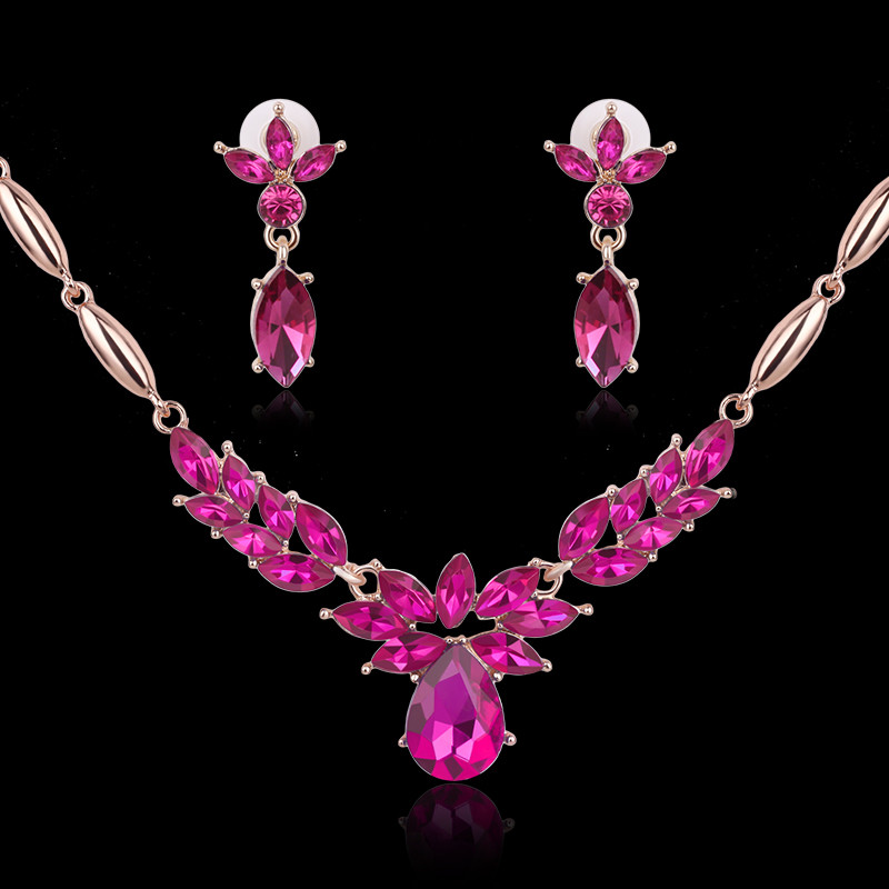 

Necklace Earrings Jewelry Set Luxury Fashion Women 3 Colors Rhinestone 18K Gold Plated Leaves Party Jewelry 2-Piece Set Wholesale JS241