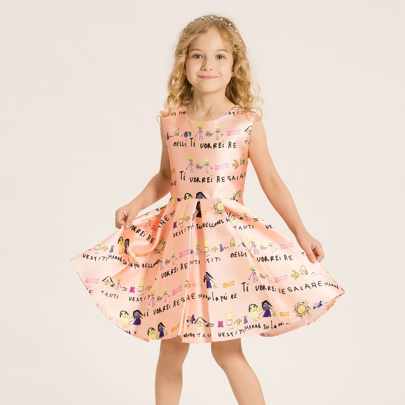 

EMS DHL Free Shipping New Brand Cute Style Girls Cream Floral Printed Dress Cotton Polyester A-line Sleeveless Princess Weddings Dress, Pink