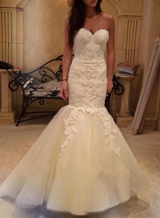 

2016 New Sexy Designer Elegant Sheer Appliqued Lace Wedding Dresses Sweetheart Back Zipper Berta Mermaid Vestios De Novia Bridal Gowns, Ivory